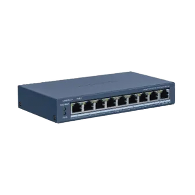 Switch PoE+ / Monitoreable / 8 Puertos 100 Mbps PoE+ / 1 Puerto 1000 Mbps Uplink / PoE hasta 300 metros / Conexión Remota desde Hik-PartnerPro / 60 W