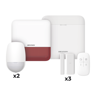 (AX PRO) KIT de Alarma AX PRO con GSM (3G/4G) / Incluye: 1 Hub con bateria de respaldo / 2 Sensores PIR / 3 Contactos Magnéticos mini / 1 Control Remoto / 1 Sirena estrobo Roja Inalambrica Exterior  / WiFi / Compatible con Hik-Connect P2P