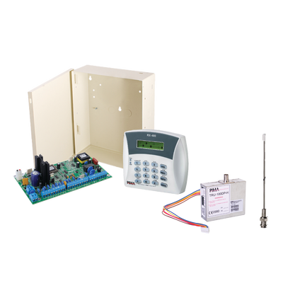 Panel de alarma Hibrido de 8 a 16 zonas soporta receptor inalámbrico y cuádruple comunicador ala central línea telefónica, Celular, radio o TCP/IP re quiere módulos incluye teclado alfanumérico