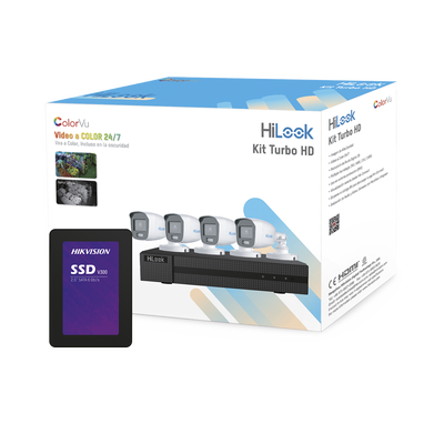 Kit TurboHD 1080p + SSD 500 GB / DVR 4 Canales / 4 Cámaras Bala ColorVu con Micrófono Integrado / Fuente de Poder / Accesorios de Instalación