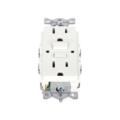 Contacto de Auto-verificación GFCI con Interruptor de Falla a Tierra de 15 A 125 V 2 Polos, 3 Hilos Color Blanco (Nema 5-15R), Grado Comercial.