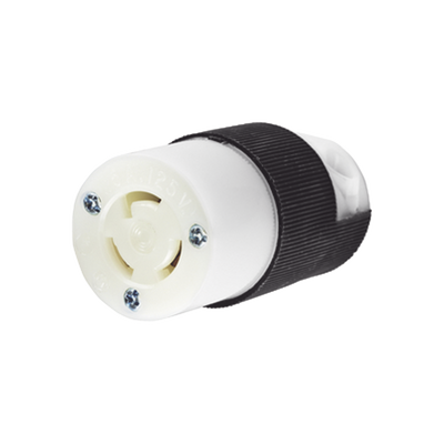 Conector Industrial con Bloqueo de Media Vuelta / 15 A 125 V CA / 2 Polos 3 Hilos / Color Blanco y Negro / Nema L5-15R.