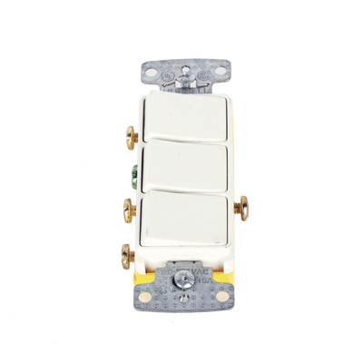 Interruptor Residencial 15 A 120 V, con 3 Bases Unipolares, Cableado lateral, Color Blanco.