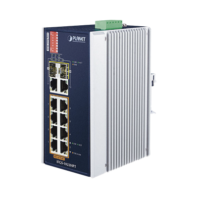 Switch Industrial PoE no administrable de 8 Puertos 10/100TX 802.3at,  Hasta 240 W, Combo TP / SFP Gigabit TP / SFP  (-40 ~ 75 grados C)