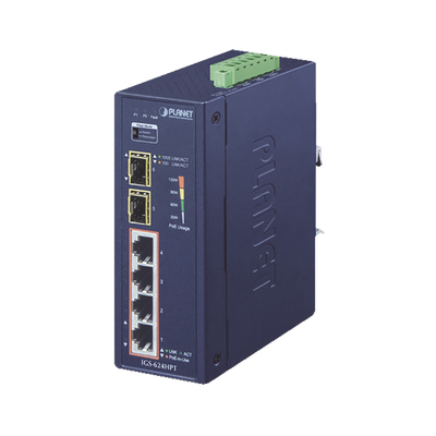 Switch PoE Industrial No Administrable de 4 Puertos PoE 10/100/1000T 802.3at, 2 Puertos SFP 10/1000X