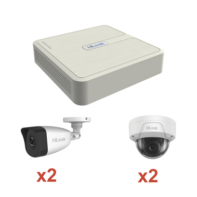 Kit IP 1080p (2 Megapixel) / NVR de 4 Canales con 4 Puertos PoE / 2 Cámaras IP Bala para Exterior / 2 Cámaras IP Domo para Exterior