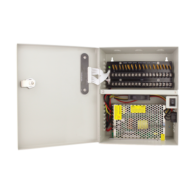 NUEVA VERSION Fuente de Poder profesional para 16 cámaras, voltaje variable de 11 ~ 15Vcc ; 20 Amper para LARGAS DISTANCIAS con salidas protegidas; UL ; Voltaje de entrada : 90-160 Vca