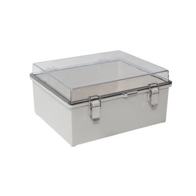 Gabinete Plástico ABS, Puerta Transparente, Uso en Intemperie (350 x 460 x 160 mm) Cierre por Broches Inoxidables y Permite Cerrado con Candado y Llave (Perno 5mm) No Incluido