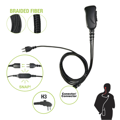 Braided Fiber 1 Cable Lapel Mic W/ Snap Connect for Hytera Connector. Select Different Earphones Not Included