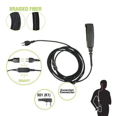Cable para Micrófono audífono SNAP intercambiable con conector para Radios Kenwood con conector de 2 pines.