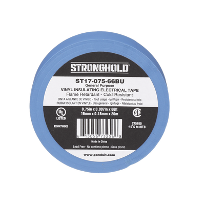 Cinta Eléctrica STRONGHOLD para Aislar, de PVC, Uso General Reparación y Mantenimiento, Grosor de 0.18mm (7 mil), Ancho de 19mm, y 20.12m de Largo, Color Azul