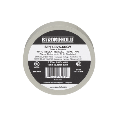 Cinta Eléctrica STRONGHOLD para Aislar, de PVC, Uso General Reparación y Mantenimiento, Grosor de 0.18mm (7 mil), Ancho de 19mm, y 20.12m de Largo, Color Gris